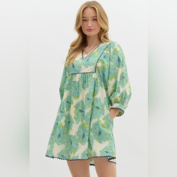 Anthropologie Entro Green White Floral Babydoll Dress Sz M Coastal Cowgirl Chic - Picture 15 of 15